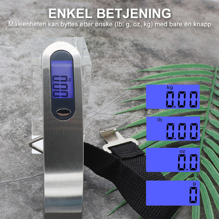 Digital koffertvekt med krok og bånd, nøyaktig for bagasje, shopping og fiske. Robust og bærbar.