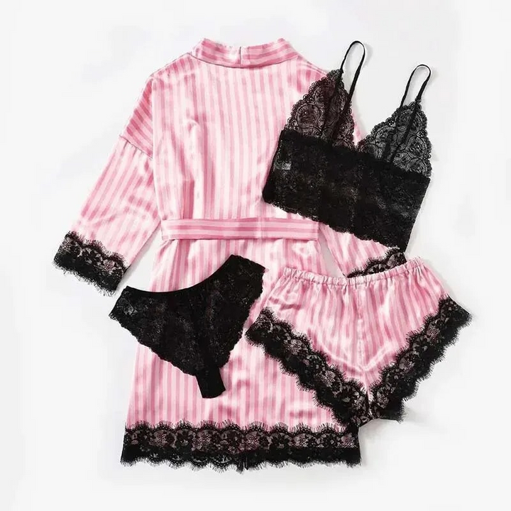 Dame pyjamas sett i rosa; elegant 4-i-1 nattøy for luksuriøse morgener og avslappende kvelder hjemme.