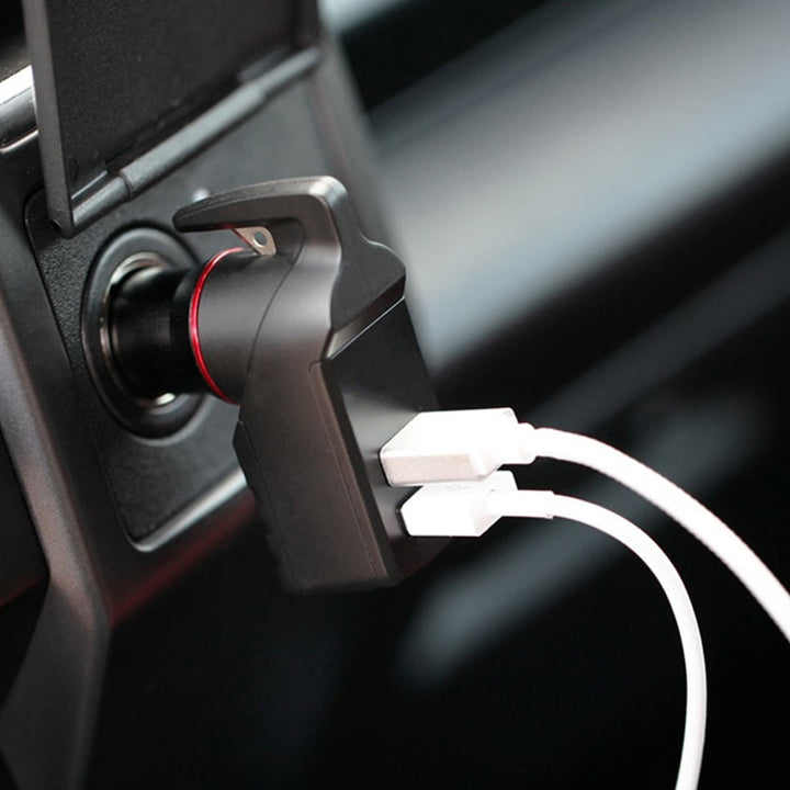 Multifunksjonelt biltilbehør: Vindusknuser, bilbeltekutter og USB-lader for nødflukt.