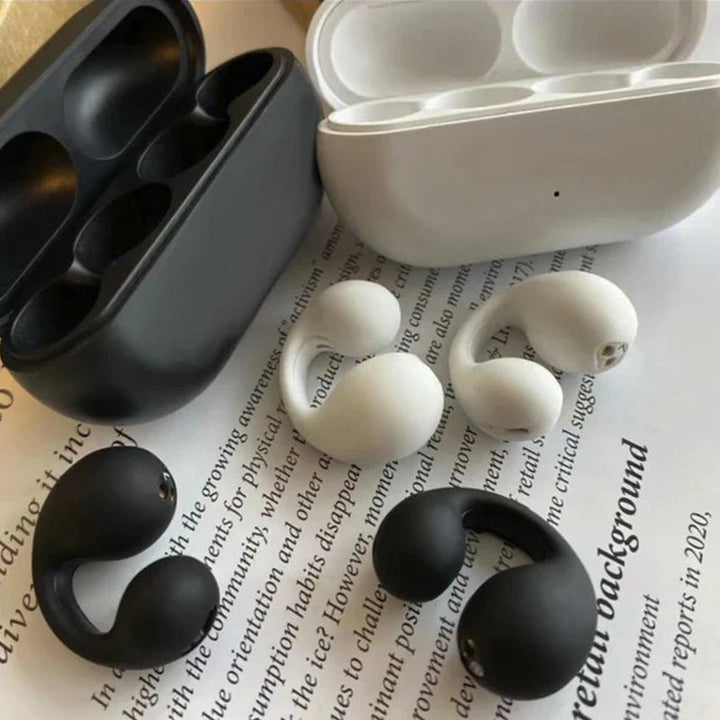 Trådløse benledningshodetelefoner med øreklips for handsfree musikk og samtaler via Bluetooth-tilkobling.