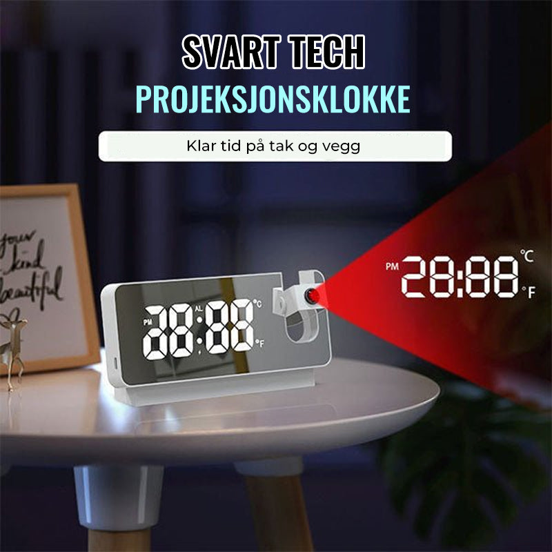 Slank, svart digital projeksjonsklokke. Minimalistisk design passer ethvert moderne soverominteriør.