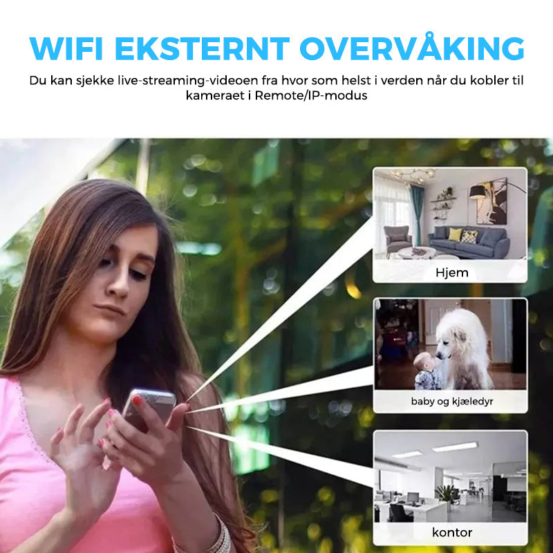 Krystallklart nattsyn fra kompakt 1080P HD WiFi sikkerhetskamera.