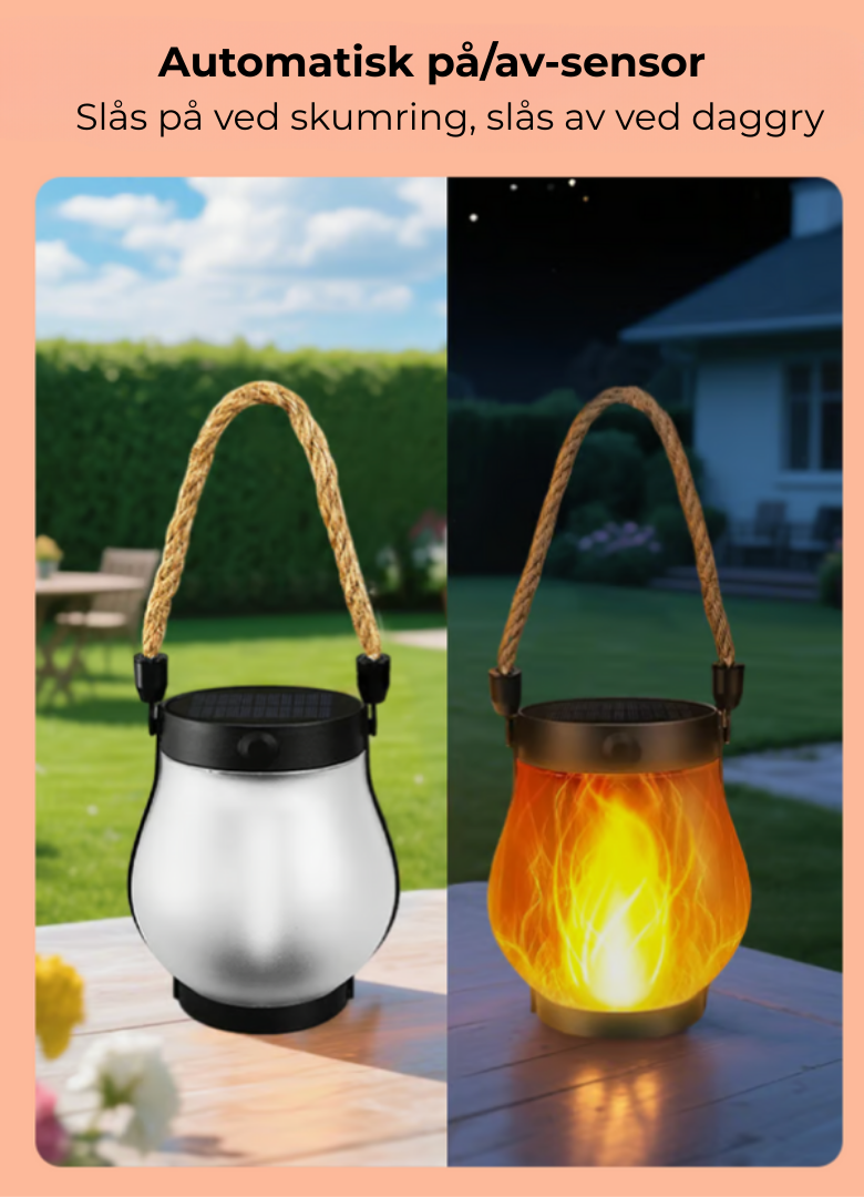 Vanntett solcellelanterne med realistisk flammeeffekt for utendørs bruk. Automatisk solenergi og stemningsfull hagepynt.