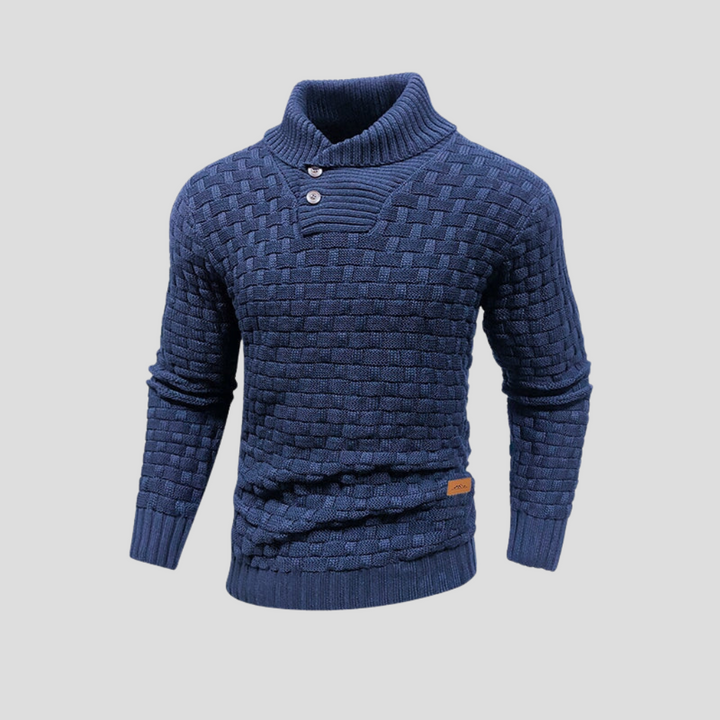 Detaljer av stoffet på en myk, langermet herregenser. Elegant og behagelig genser med halv krage.