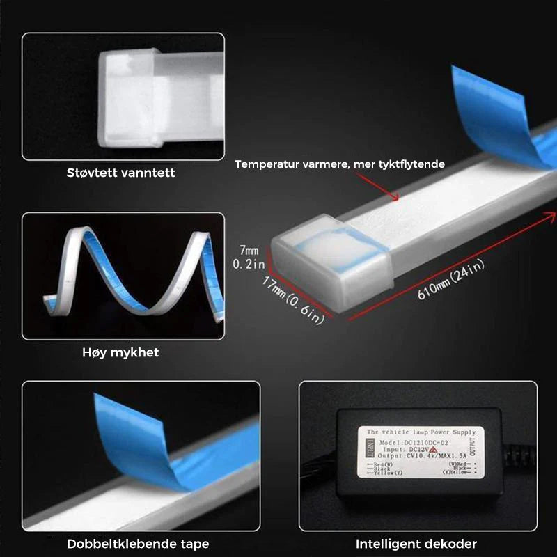LED nattlys stripe for bil, forbedrer sikt i mørket og gir et moderne uttrykk, universelt tilbehør.
