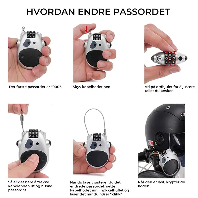 Familie bruker den allsidige wirelåsen for ulike gjenstander. Smart og praktisk tyverisikring.
