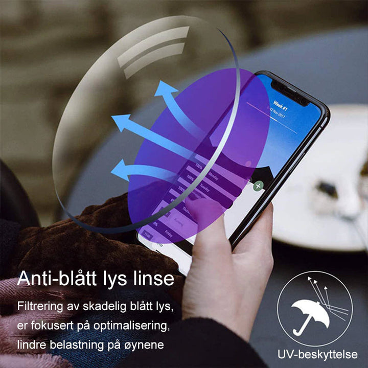Sideprofil av unisex lesebriller i titan, designet for synskorreksjon med anti-blått lys.