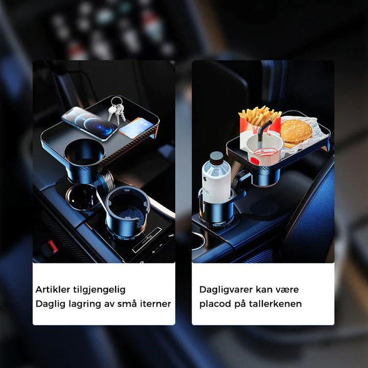 Organisert bil: Forlengbar koppholder med stabilt spisebrett. Perfekt bilutstyr for familier på farten.