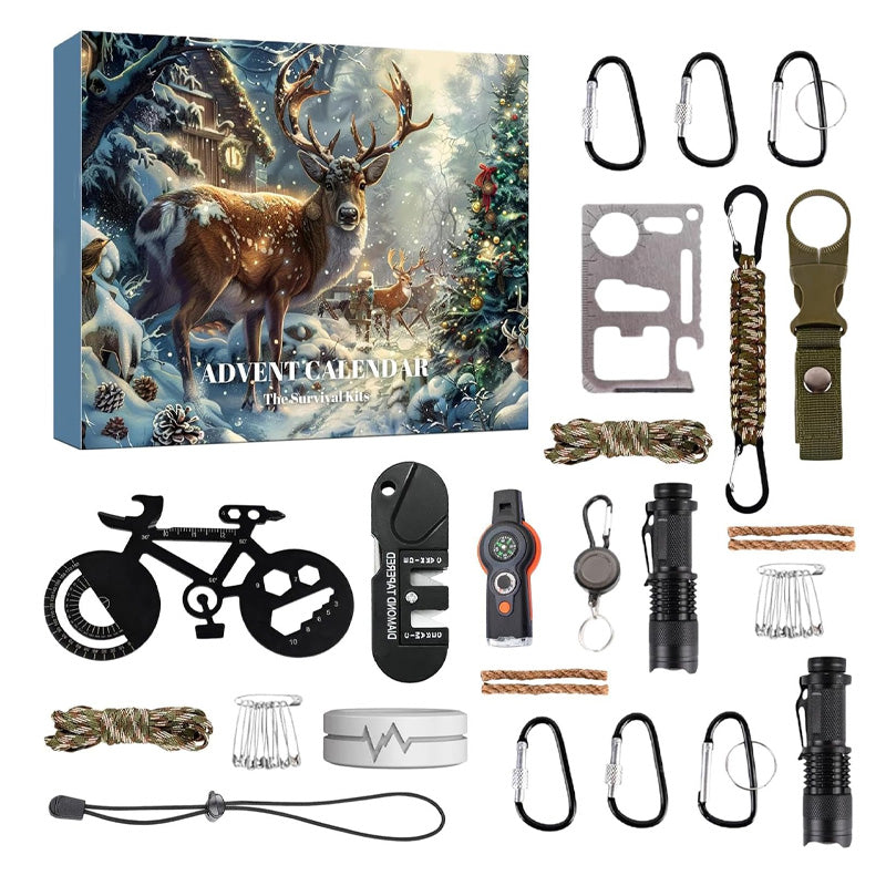 Hånd åpner luke på Survival Kit Adventskalender, avslører et mini-overlevelsesverktøy.