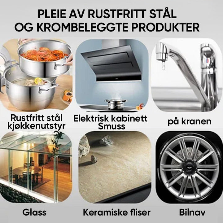 Avansert nano-rengjøringspasta for dyp rengjøring og polering av rustfritt stål og alle metalloverflater.