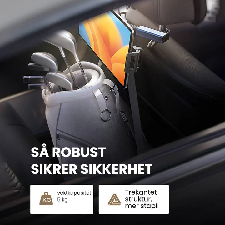 Robust nettbrettholder for bilsete nakkestøtte, kompatibel med de fleste nettbrett og telefoner.