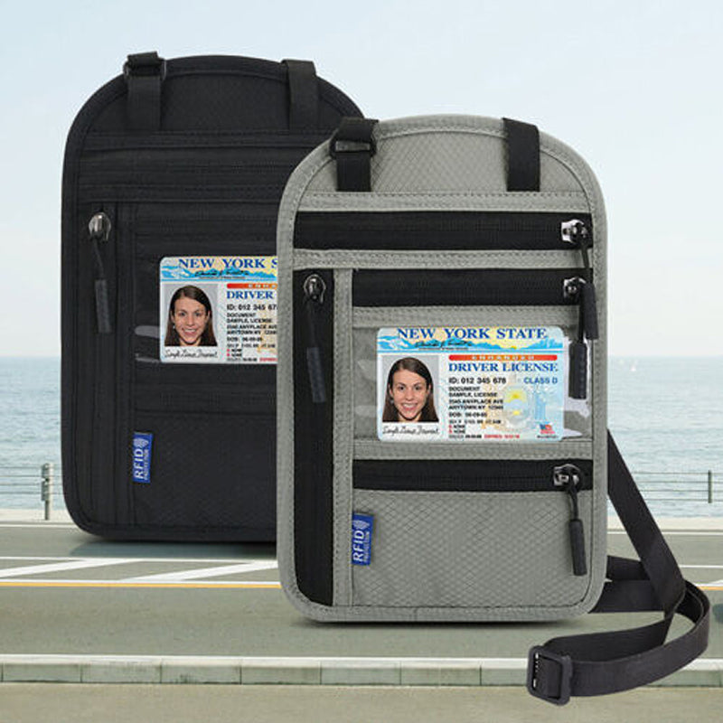 Unisex reisehalspose med RFID-beskyttelse for sikker oppbevaring av verdisaker og dokumenter.