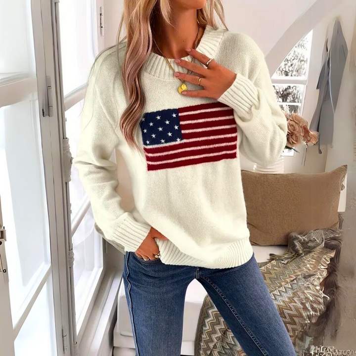 Komfortabel damegenser i høykvalitetsstrikk med stilig amerikansk flagg print for moteriktig stil.