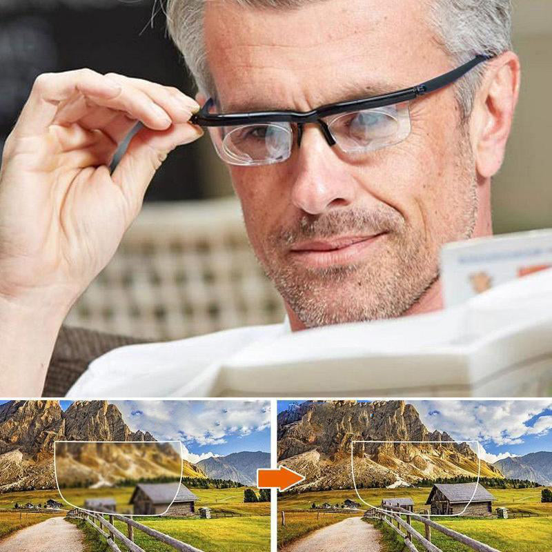 En person bruker justerbare briller for klart syn mens de leser en bok.