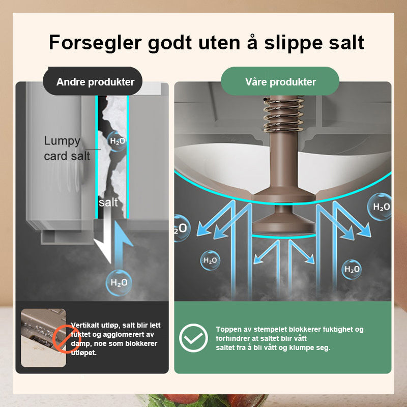 Saltbøsse med doseringskontroll som støtter et sunnere kosthold, enkel og hygienisk løsning for kjøkkenet.