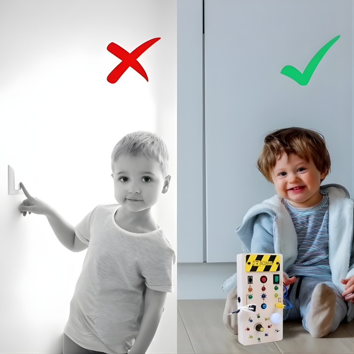 Interaktivt aktivitetsbrett i tre med LED-lys. Perfekt sensorisk busyboard og lekebrett for utvikling hos barn.