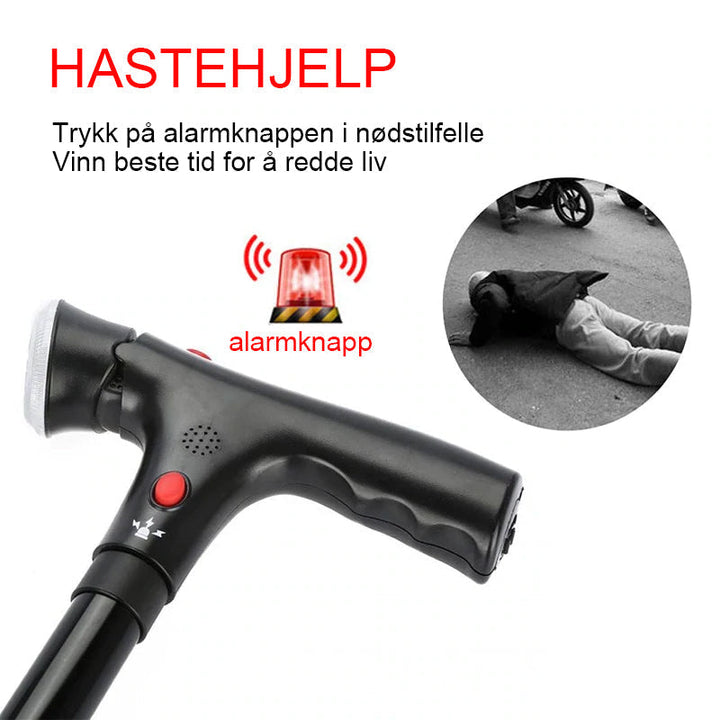 Funksjonell teleskopisk stokk med sammenleggbar design. Har LED-lys og alarm, ideell for eldre som trenger støtte.