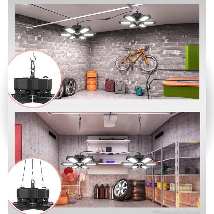 Optimal LED belysning for verksted. Justerbare paneler gir jevnt og kraftig lys i garasjen.