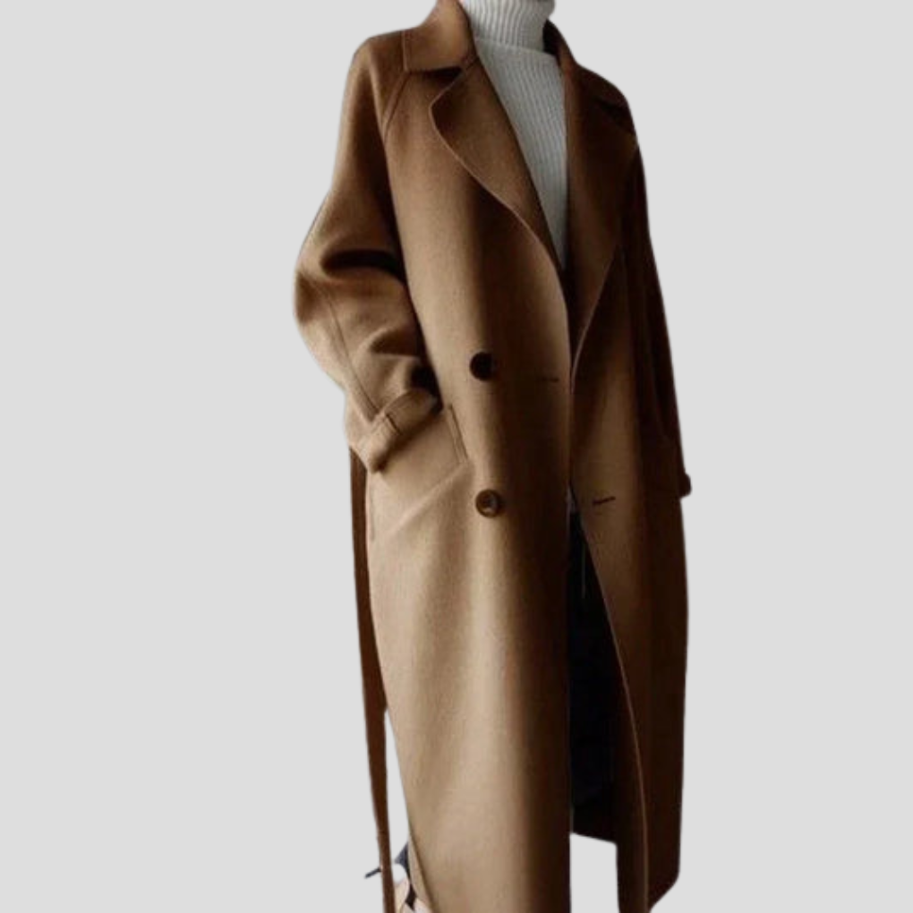 Stilfull, lang ullkåpe for kvinner. Elegant og varm vinterfrakk i høykvalitets ullblanding for kalde dager.