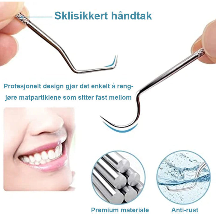 Elegant sett med 7 tannpirkere i rustfritt stål, ideelt for daglig munnhygiene.