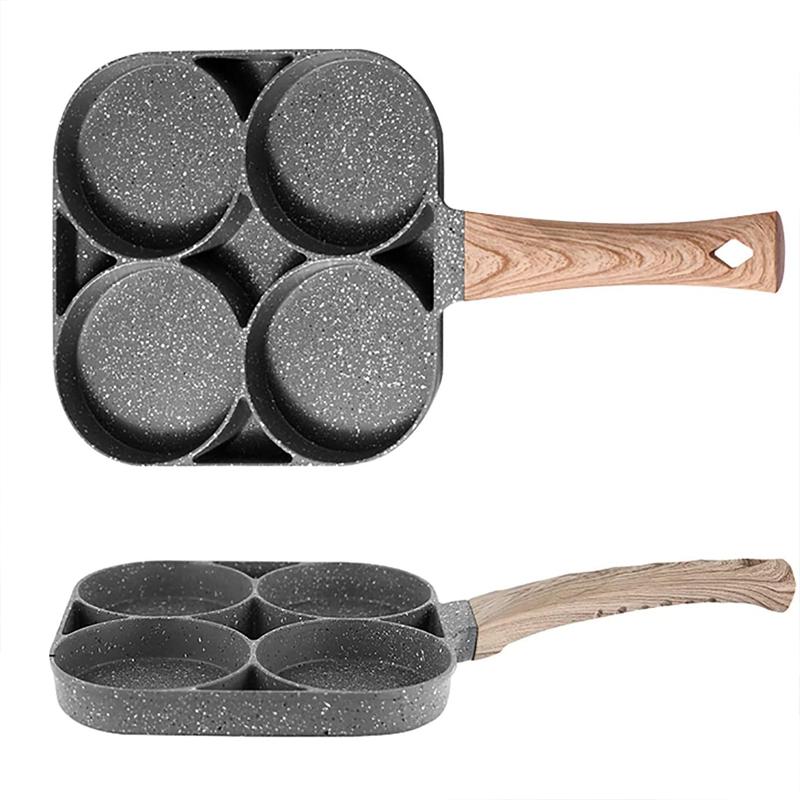 Fire-i-én frokostpanne med stekte egg og bacon i separate rom. Non-stick belegg for enkel matlaging.