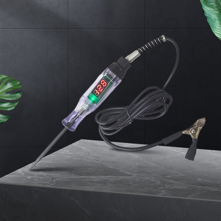 Kretstestpenn med bakgrunnsbelyst digital skjerm og LED-lys for presis 12V/24V elektrisk testing.