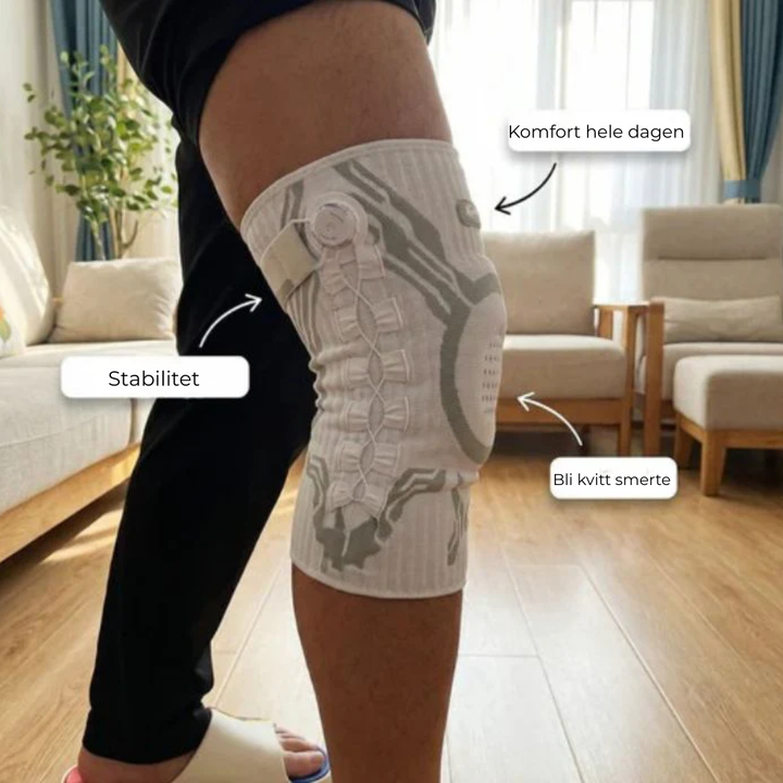 Nærbilde av justerbar knebeskytter; viser stropper for tilpasset kompresjon og optimal knestøtte.