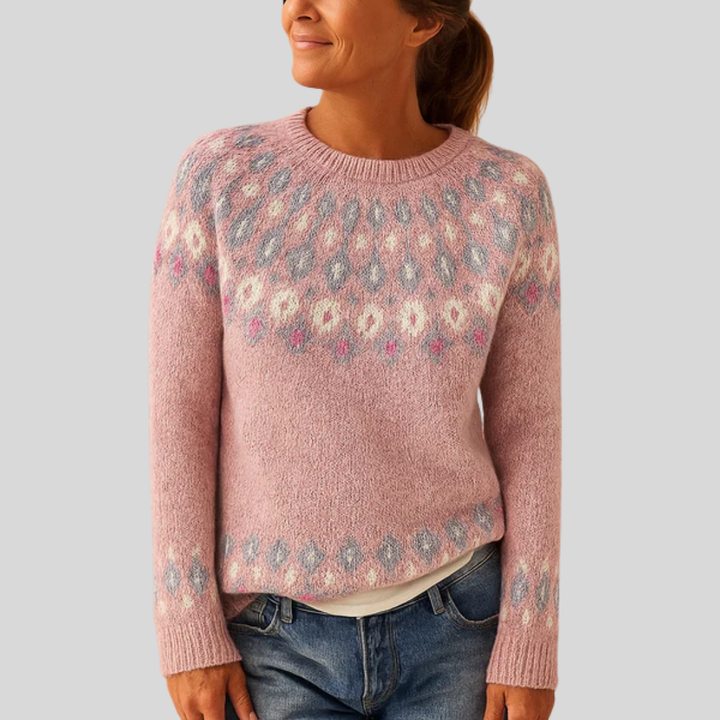 Komfortabel trykt strikkegenser i ull for kvinner. En varm og myk damegenser perfekt for kalde dager og casual stil.