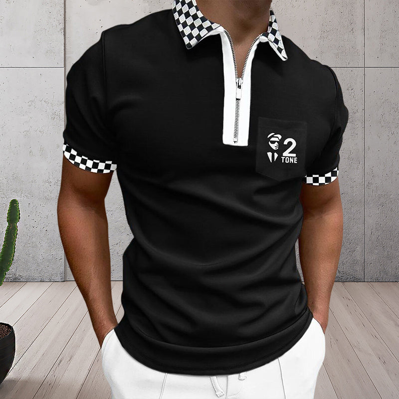 Polo t-skjorte for menn, kortermet med glidelås og stilig fargeblokkdesign. Perfekt for fritid.