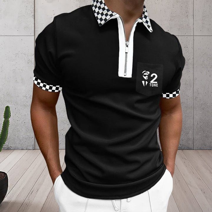 Polo t-skjorte for menn, kortermet med glidelås og stilig fargeblokkdesign. Perfekt for fritid.