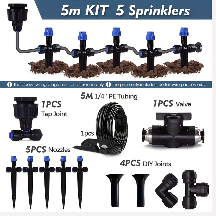 Hage vanning system med justerbare dyser og fleksible sprinklere. Ideelt for presis dryppvanning og plantepleie.