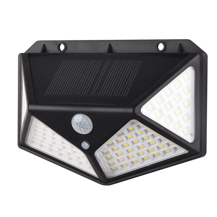 Moderne solcelle LED-vegglampe med 100 lys og bevegelsessensor, ideell for utemiljø og inngang.