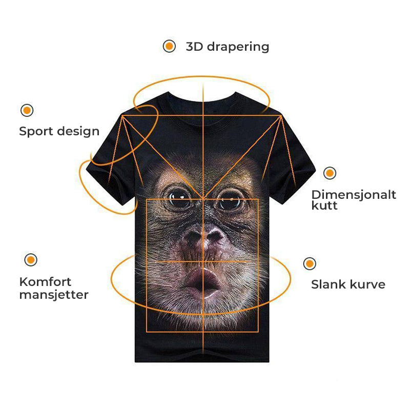 Kvinner topp/bluse med imponerende 3D-gorilla design. En unik og morsom t-skjorte for sommeren.