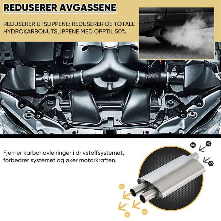 Nærbilde av flasken "Effektiv Katalysatorrenser", klar for å forbedre bilens eksos og motor.