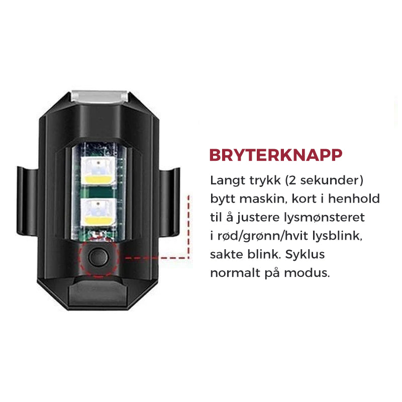 USB-oppladbart flerfarget strobelys for kjøretøy. Gir utmerket synlighet og varsling på veien.