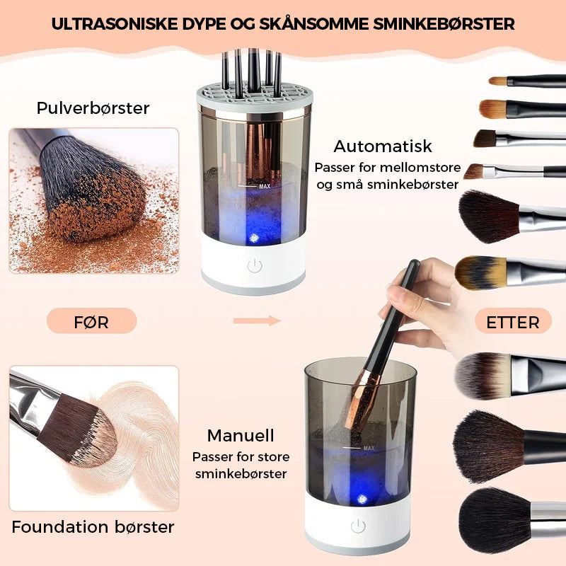 Fremmer optimal hygiene med elektrisk sminkebørsterens. Forhindrer bakterier, sikrer sunn hud & lengre børstelevetid.