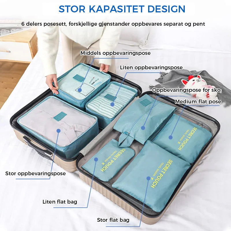Komplett oppbevaringssett for klær og reiseutstyr. Sorter bagasjen med vanntett polyester organisering.