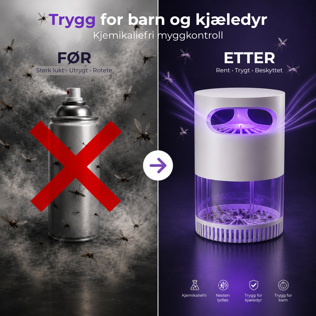 Bærbar BuzzAway myggfelle med USB-strøm. Perfekt myggbeskyttelse for hytte, hjem og reise.