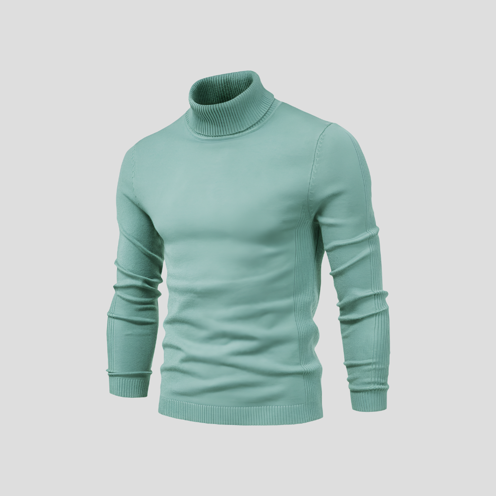 Langermet herregenser i bomull med polokrage, vist på en modell for passform.