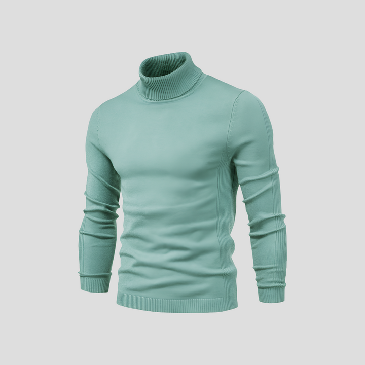 Langermet herregenser i bomull med polokrage, vist på en modell for passform.