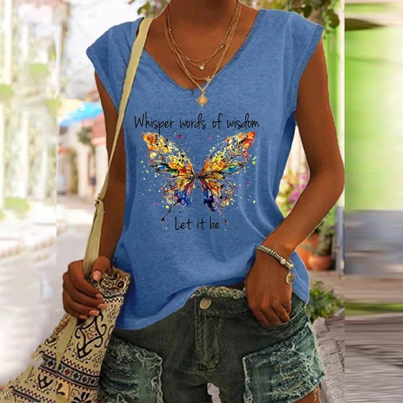 T-skjorte med elegant sommerfugltrykk for kvinner, dyp v-hals og behagelig løs passform.