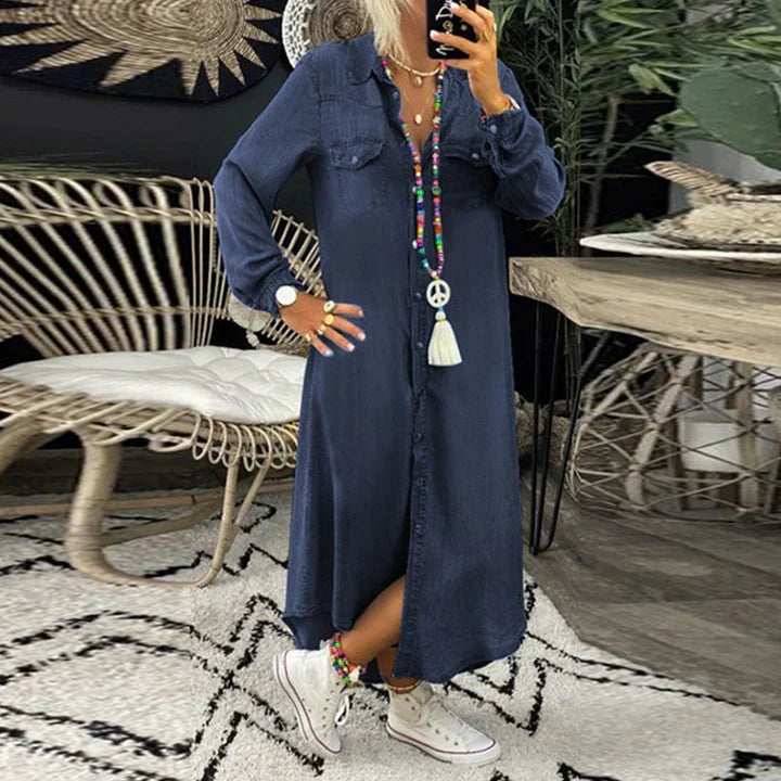 Komfortabel langermet denimkjole for damer, en casual og trendy hverdagskjole som passer til enhver anledning.