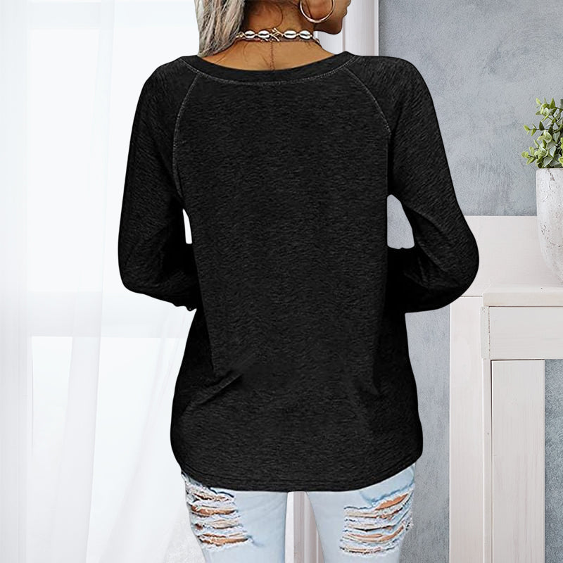 Casual langermet blondetopp for kvinner, ensfarget bluse med V-hals.