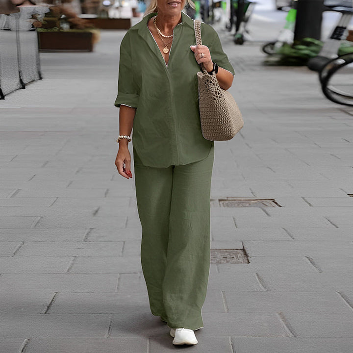 Elegant og komfortabel langermet fritidsdress for kvinner. Et ensfarget sett med bluse og vide bukser.