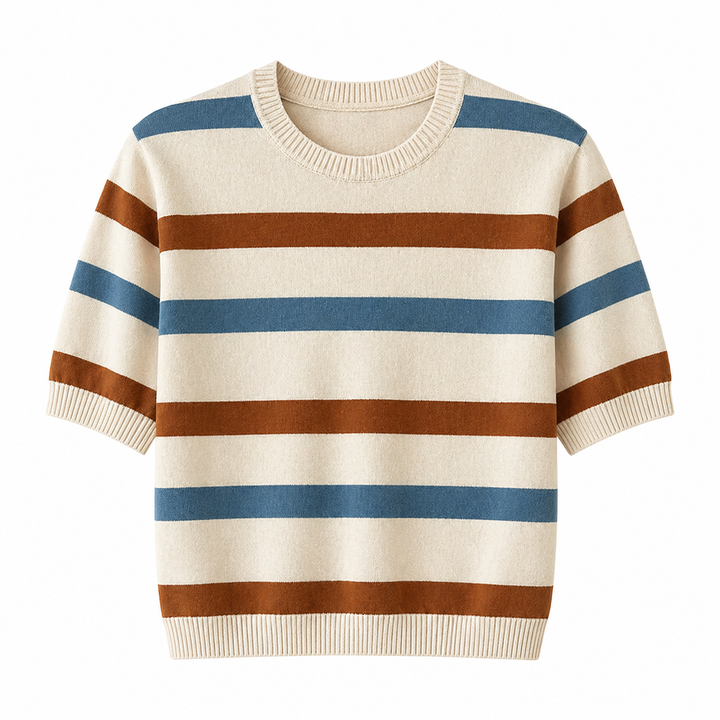 Beige stripet strikket kortermet bomullstopp til dame. Komfortabel løs passform, ideell sommergenser.