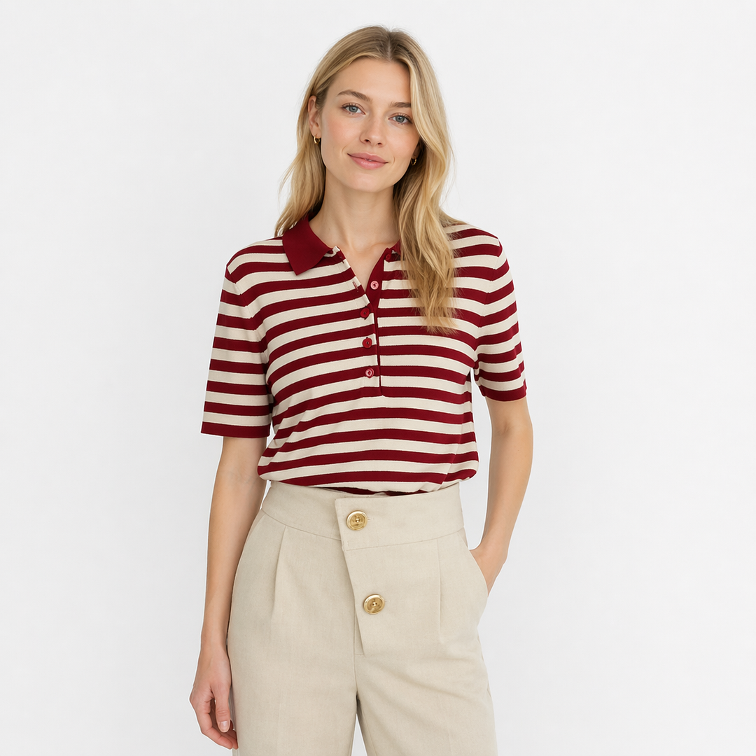 Klassisk dame stripet polo t-skjorte i myk 100% bomull, perfekt for sommer og fritid.
