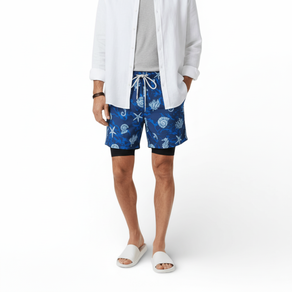 Menns 2-i-1 badeshorts med kompresjonsfôr i blått. Hurtigtørkende svømmeshorts for aktiv mann.