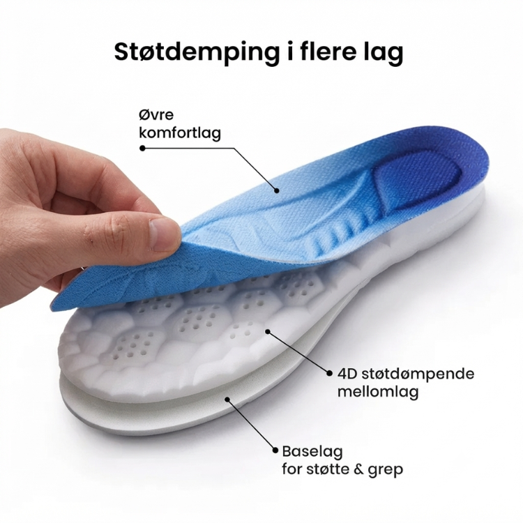 Pustende og ergonomiske 4D innleggssåler med overlegen støtdemping, ideelle for sport og aktivitet.