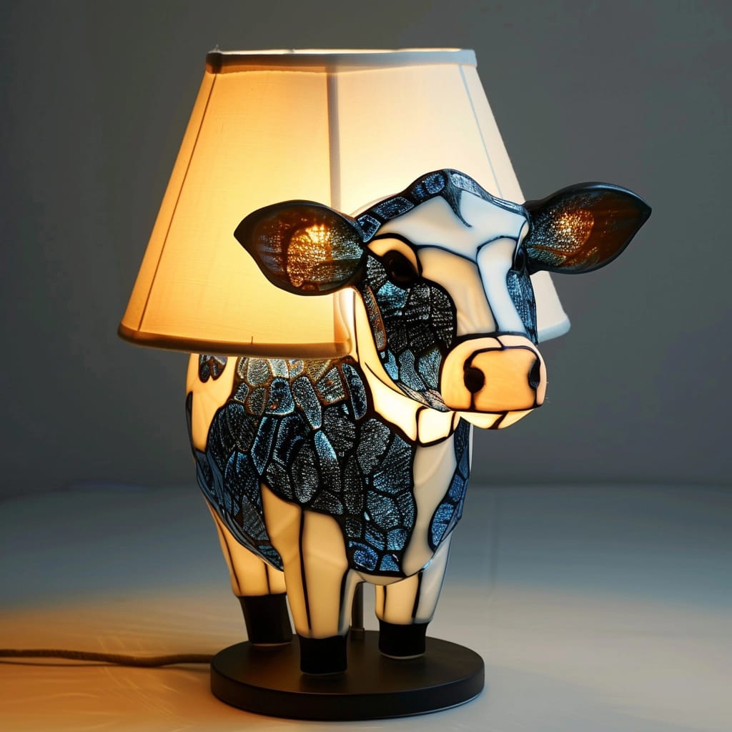Håndlaget Highland-ku bordlampe i farget glass. Unik kunstnerisk hjemmedekorasjon for interiør.
