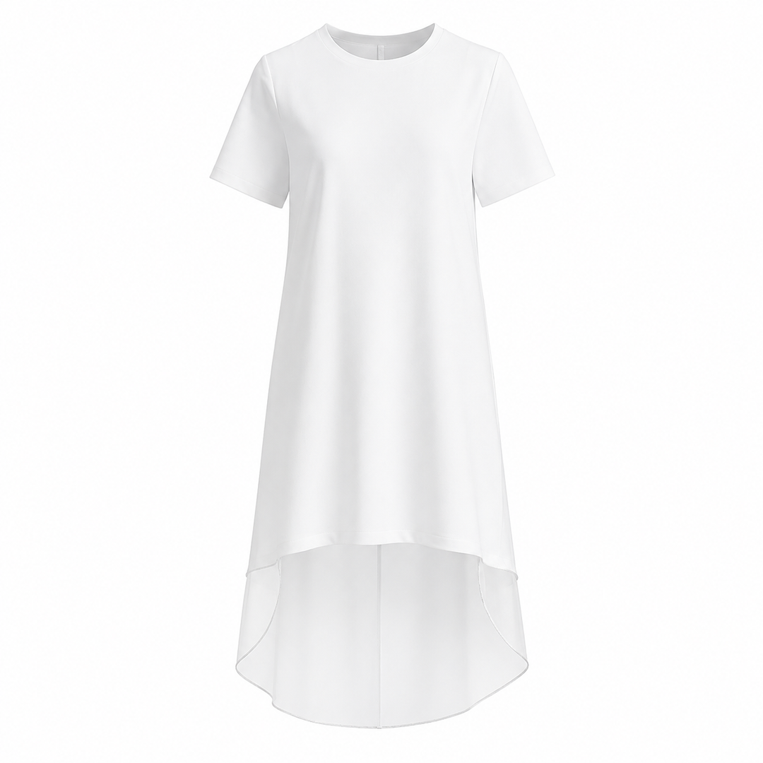 Damekjole: kortermet, elegant lang kjole i beige/svart med delikate organza-innslag. Ideell til hverdags eller fest.